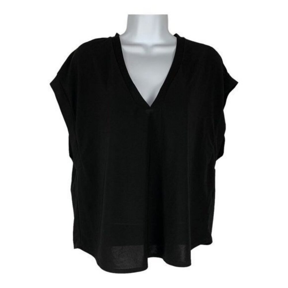Zara Womens Black V-Neck Short Sleeve Loose Fit Top Size Small